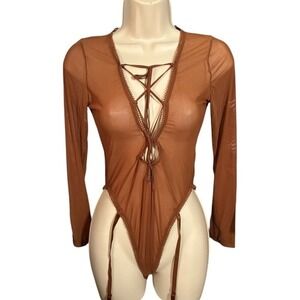 Frederick's Lola Lee Mesh Garter Bodysuit Cocoa Brown NWT M
